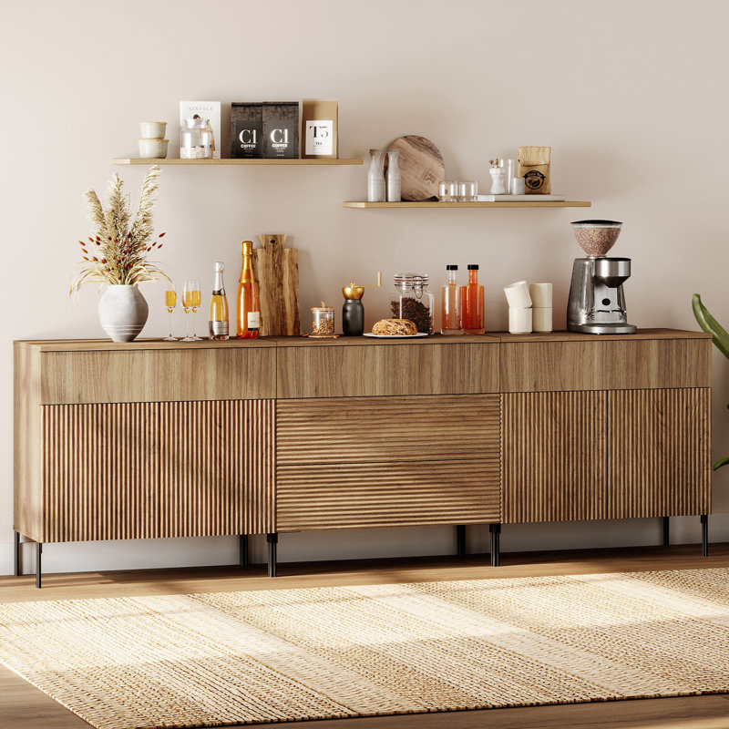 94.5" Modern Reeded Minimalist Sideboard With Doors And Drawers, 3-In-1 Wooden Credenza Storage Cabinet For Kitchen, Dining Room