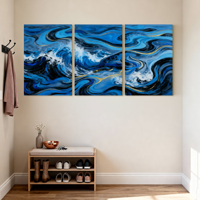Vagues bleues avec accents dorés et mousse blanche, ensemble de 3 impressions sur toile, H 18 po x l 36 po