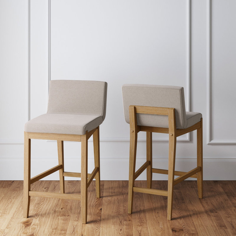 Exposed Back Upholstered Counter Stool with Solid Wood Legs, 2-Pack, Flax Polyester/Light Brown, 2