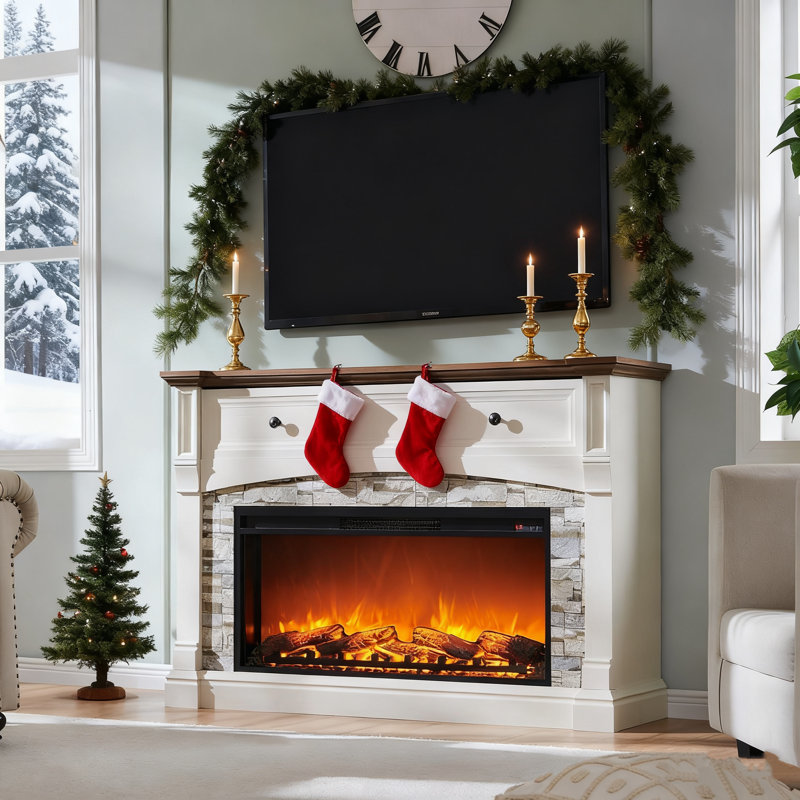 52" Farmhouse Electric Fireplace With Open Cubby & Mantel, White