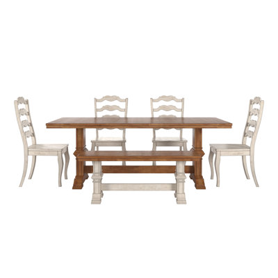 Fortville 78" Solid Wood Oak Finish Top 7-Piece Dining Set With French Ladder Back Chairs
