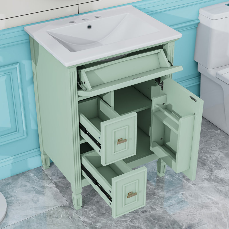 Meuble-lavabo avec lavabo, tiroirs et tablette réglable, Vert