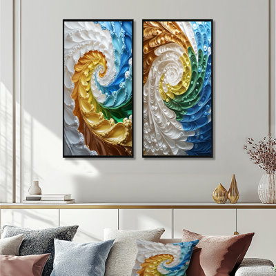 Yellow And Blue Fractal Kaleidoscope Dreams I - Abstract Spirals Wall Art 2 Pieces Set