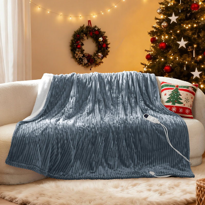 Couverture électrique chauffante en flanelle nervurée avec 6 niveaux de chaleur, chauffage avec 10 réglages de temps, arrêt automatique de la minuterie de 8 heures, GentleSoft ™