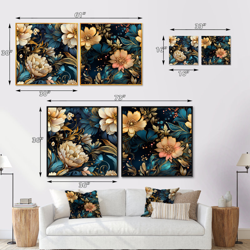 Celya - Ensemble de 2 collages carrés floraux, Cadre flottant doré, H 16 po x l 33 po