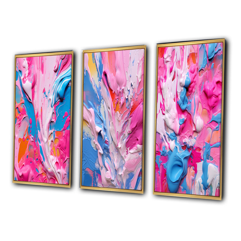 "Art liquide rose et bleu", 3 pièces sur toile, Cadre flottant doré, H 28 po x l 36 po