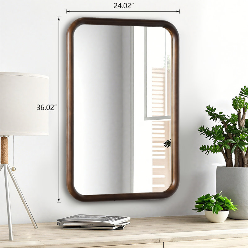 36'' x 24'' Leyburn Solid Wood Walnut Brown Modern Rectangular Pine Framed Wall Mounted Mirror For Bathroom&Bedroom