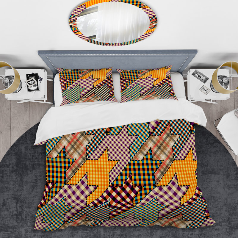 Brown And Yellow Patchwork Polyester Houndstooth Duvet Cover, Twin Duvet Cover + 1 Standard Sham