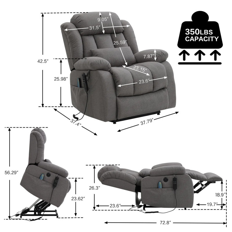 Lay Flat Sleeping Dual Motor Lift Recliners for Elderly with Heat and Massage, Grey