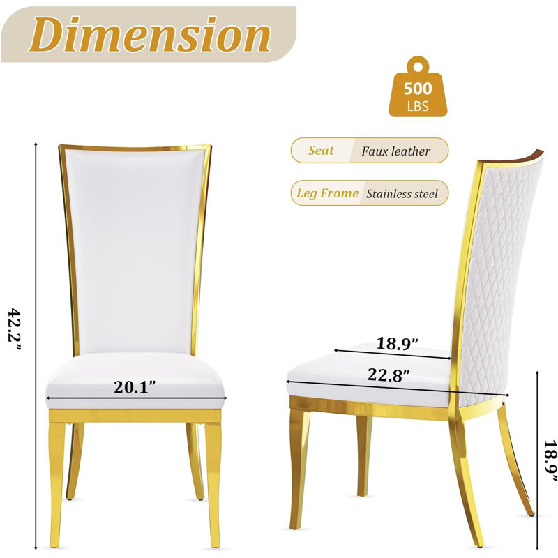 Chaises de salle à manger de luxe à haut dossier en cuir blanc avec pieds dorés polis, 2