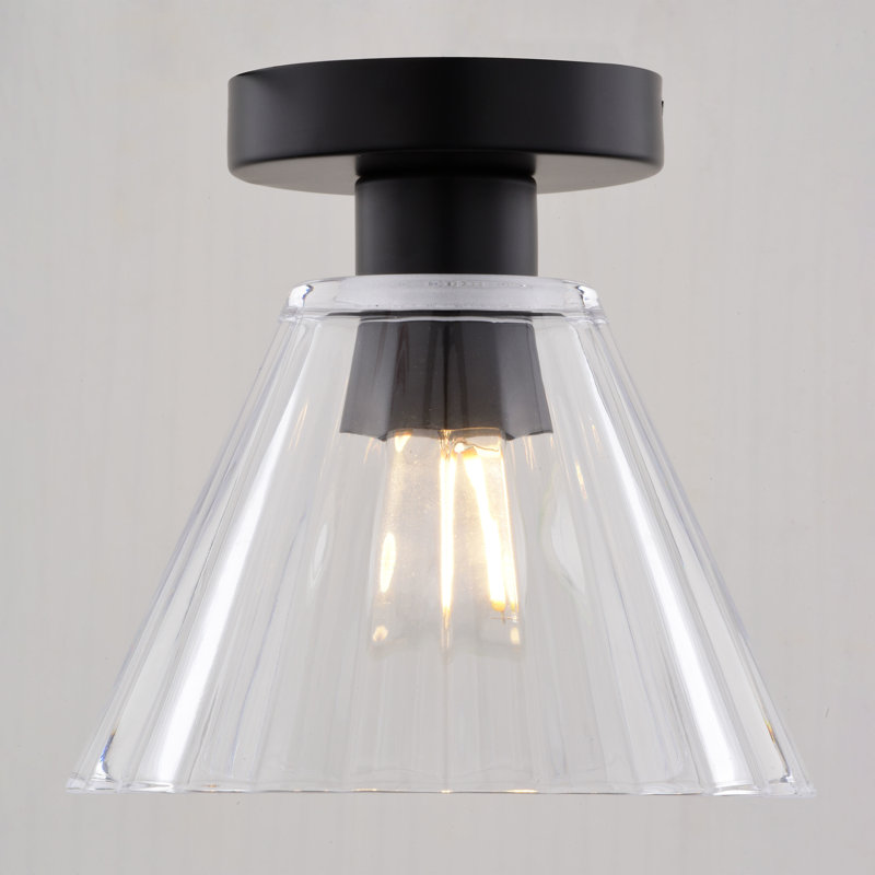 Hertford 1-Light 8 In. Wide Matte Black Transitional Cone Flush Mount Lighting Fixture, Clear Ribbed Glass Shade, LED Compatible, For Low Ceilings, Bedroom, Hallway, Kitchen