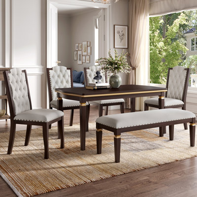 6-Piece Kitchen Dining Table Set, 60" Rectangular Table and 4 High-Back Tufted Chairs & 1 Bench