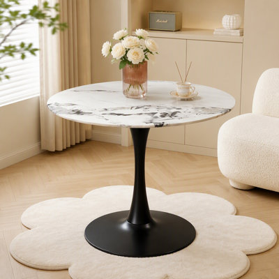 34.65" Marble-Pattern Tulip Dining Table – Modern Black Metal Base, Seats 4–6 People, Suitable for Kitchen, Living Room, Café and Meeting Room, Stylish and Practical