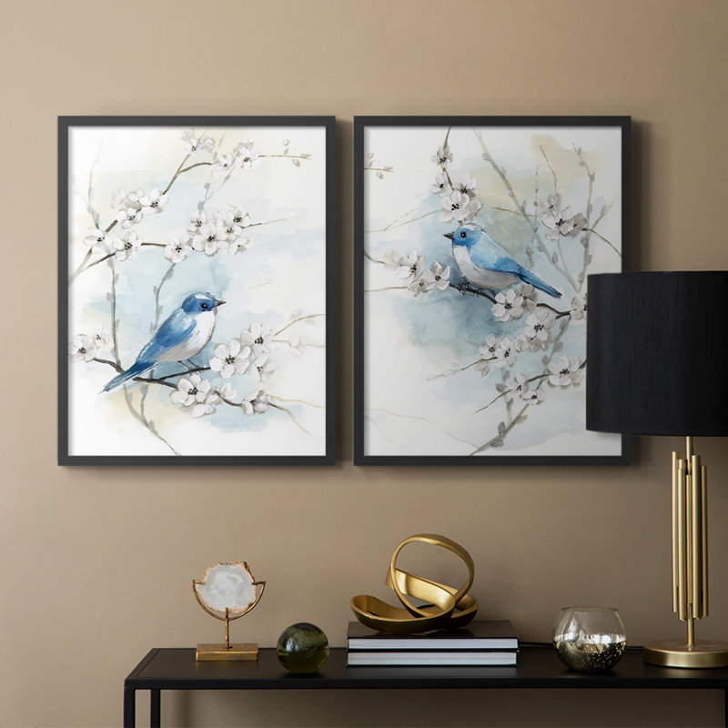 «Blossoms and Bluebird I», reproduction encadrée de qualité supérieure - prête à être accrochée - aucun clou requis - aucun clou requis