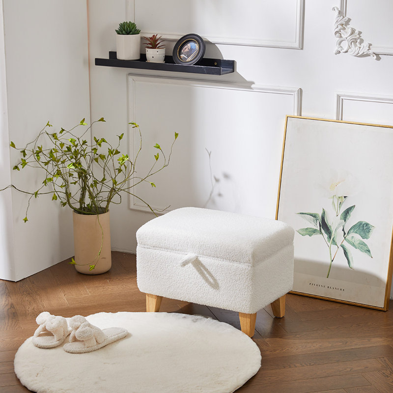 49cm Wide Rectangle Footstool Ottoman with Storage, White Teddy