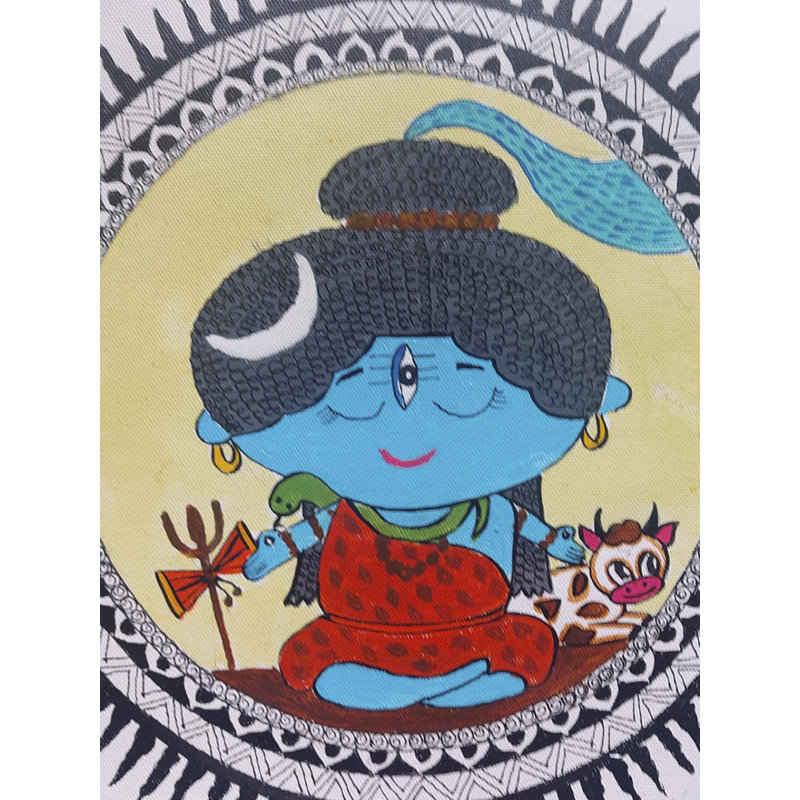 Petit Shiva et Nandi au centre de Mandala - Art Kawai | Aquarelle sur toile | Par Prachi Deshpande