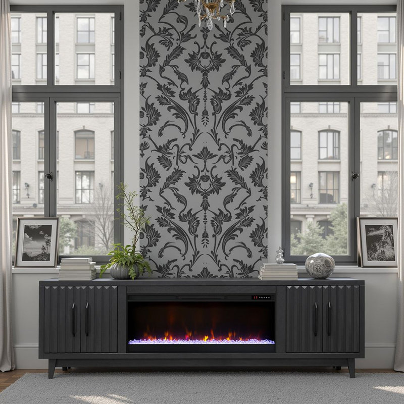 Meuble télé 92 po avec foyer électrique en bois massif Poulari pour téléviseur de 100 po ou moins, Oui, 29"H x 92"L x 17"W