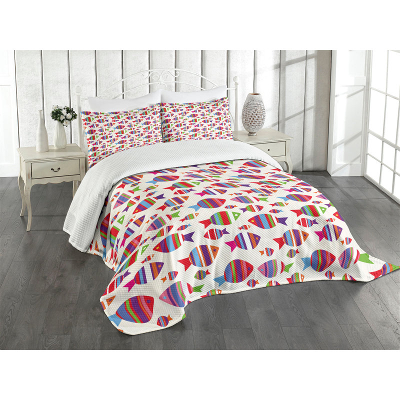 Ambesonne Fish Bedspread Set  Vibrant Striped Fishes  Multicolor, King Coverlet / Bedspread + 2 Standard Shams