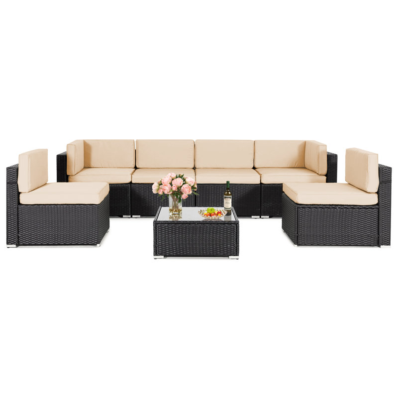Ensemble de conversation modulaire en rotin avec coussins 6 pièces Jovahny, Beige