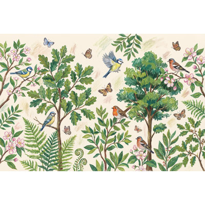 Papier peint botanique, oiseaux, papillons amovibles, décoration murale