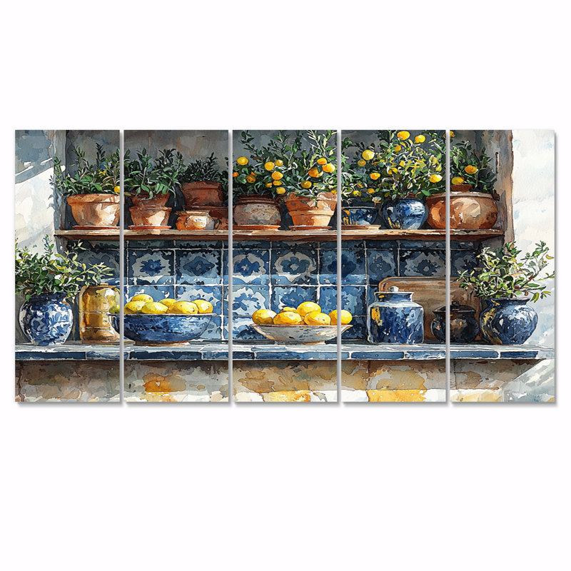 Bleu et jaune, cuisine grecque, ensemble d'art mural sur toile de cuisine, 32" H x 80" W