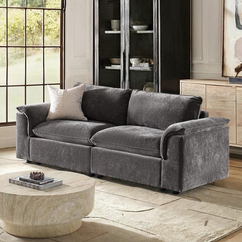 Cioffi 88"w Oversized 2 Piece Down Blend Modular Cloud Loveseat Sofa with Removable Cushion Cover, Gray