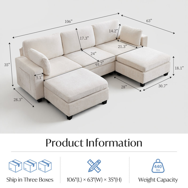 Canapé modulaire moderne en U réversible de 106 po de largeur avec 2 repose-pieds, port de charge, coussins d'accoudoir, poches latérales