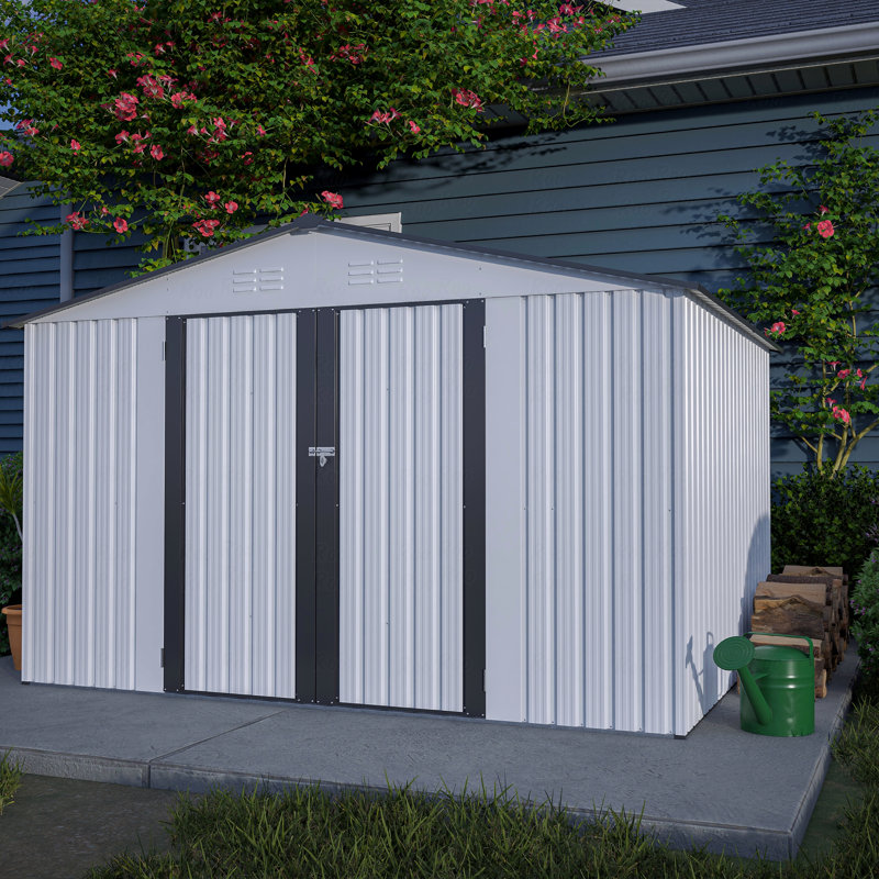 10X8 FT Outdoor Storage Shed, All Weather Metal Sheds With Lockable Doors, Tool Shed, White