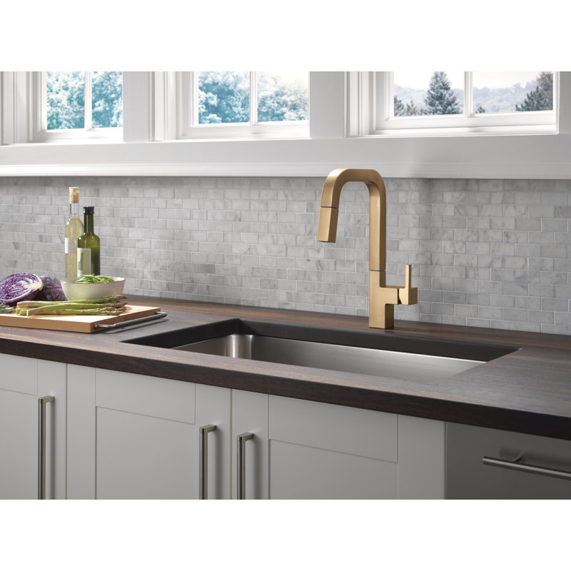 Junction Brushed Gold Kitchen Faucet with Pull Down Sprayer, Modern Brushed Gold Single Hole Kitchen Sink Faucet, Single Handle, Champagne Bronze