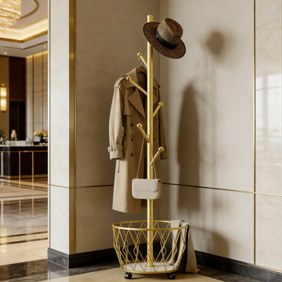 Portemanteau autoportant en métal avec panier et roues de rangement, organisateur de vestibule moderne pour vestes, chapeaux, foulards et sacs, conception stable et mobile