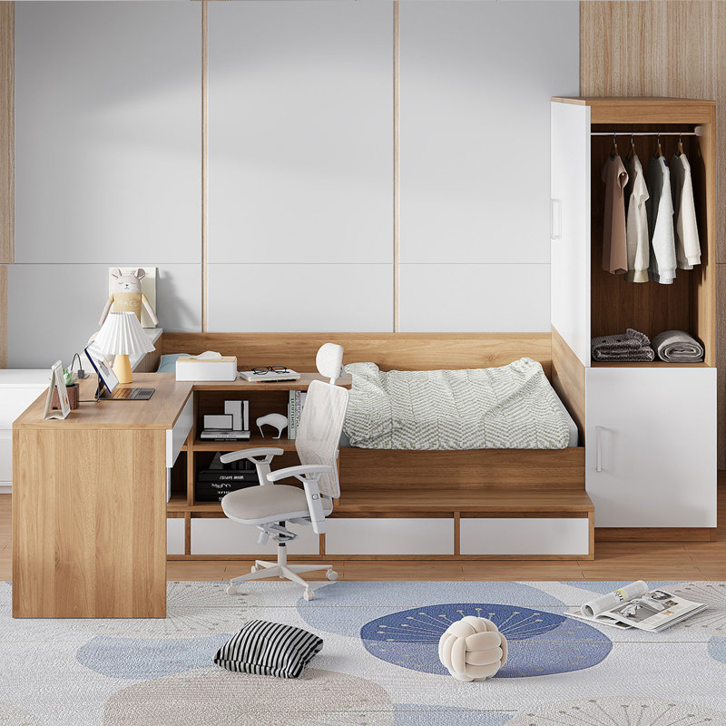 Lit plateforme double en bois avec 6 tiroirs, tablettes, bureau et garde-robe - Solution de rangement et d'espace de travail, naturel