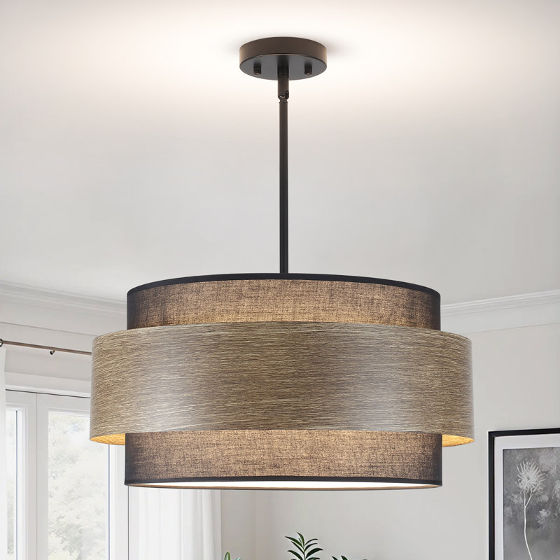 20 Inches Drum Chandelier With Metal And Fabric Shade, 5-lights Farmhouse Drum Pendant Light Large Rustic Chandelier, Height Adjustable Pendant Lighting For Ktichen Island Dining Room E26