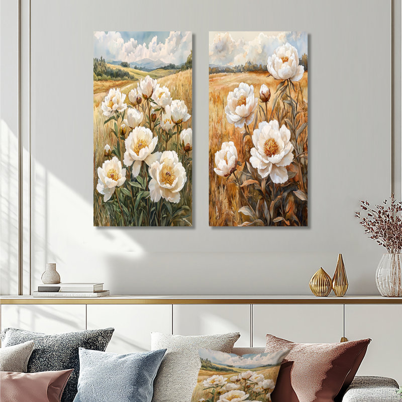 Pivoines le long de la campagne I - ensemble de 2 décorations murales en métal surdimensionné, 40" H x 40" W