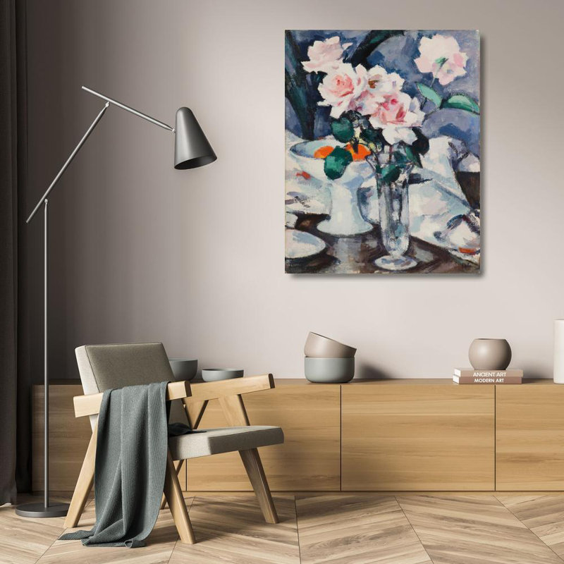 "Roses roses dans un vase en verre" par Samuel John Peploe - Art mural sur toile tendue avec châssis, H 24 po x l 17 po