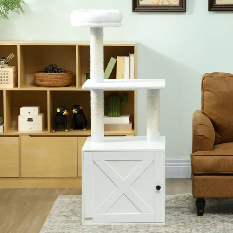 Arbre à chat avec bac à litière, poteaux à griffer, lit, plateformes d'escalade pour chats d'intérieur, blanc