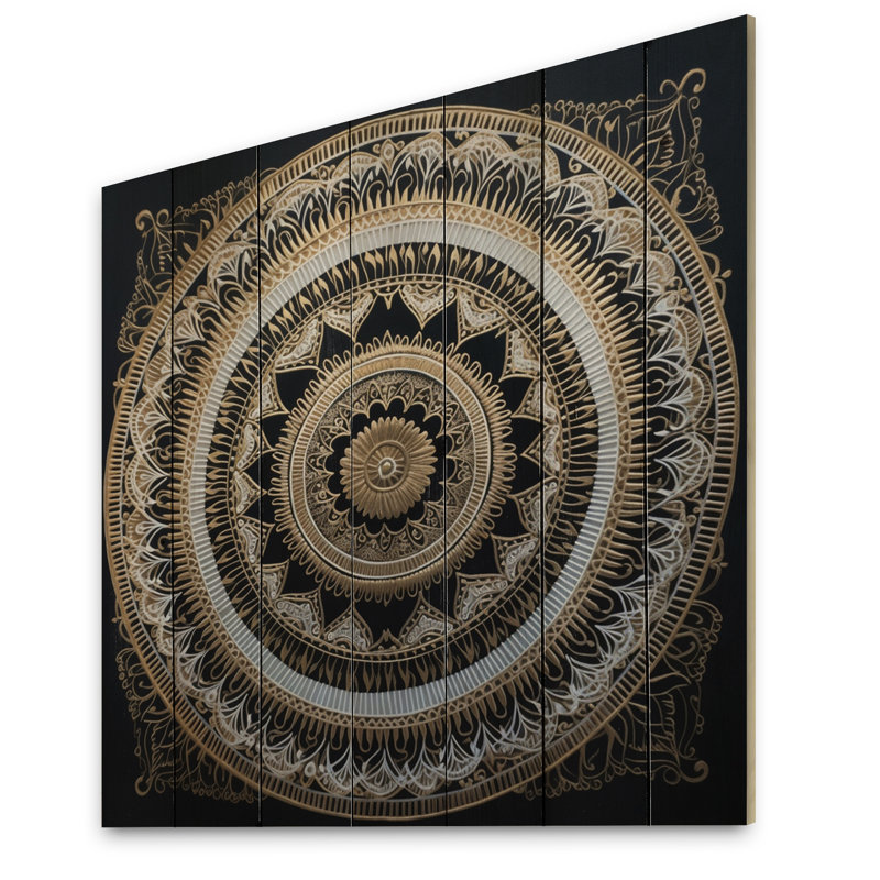 Impression sur bois d'un mandala blanc et or de nazariah, H 35 po x l 35 po x P 0,78 po