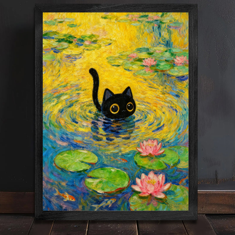Reproduction d'art encadré noir de style rétro Monet nénuphar, H 11 po x l 9 po