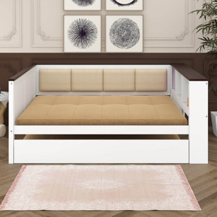 Full Size Wood Farmhouse Daybed With Storage Shelves, Day Bed Frame With Upholstered Backrest, USB And Trundle