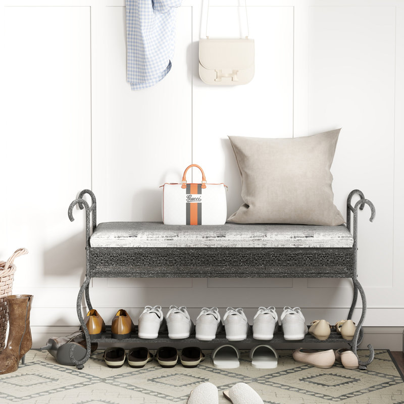 Upholstered Shoe Rack Bench For Entryway - Rustic Fabric And Metal Bench With Storage Shelf - Black & Silver