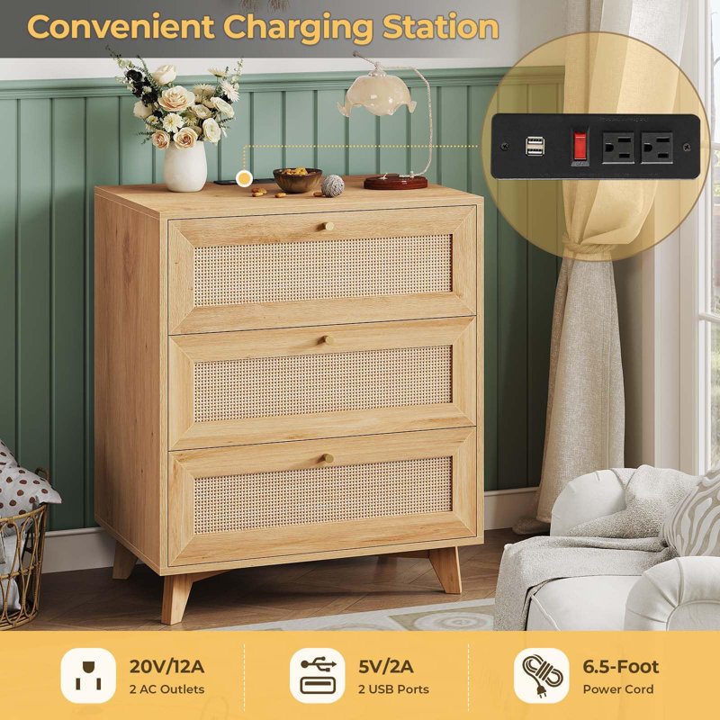 Rattan Nightstand with 3 Drawers & USB Charging Port Modern Bedroom Night Stand (Natural), Natural