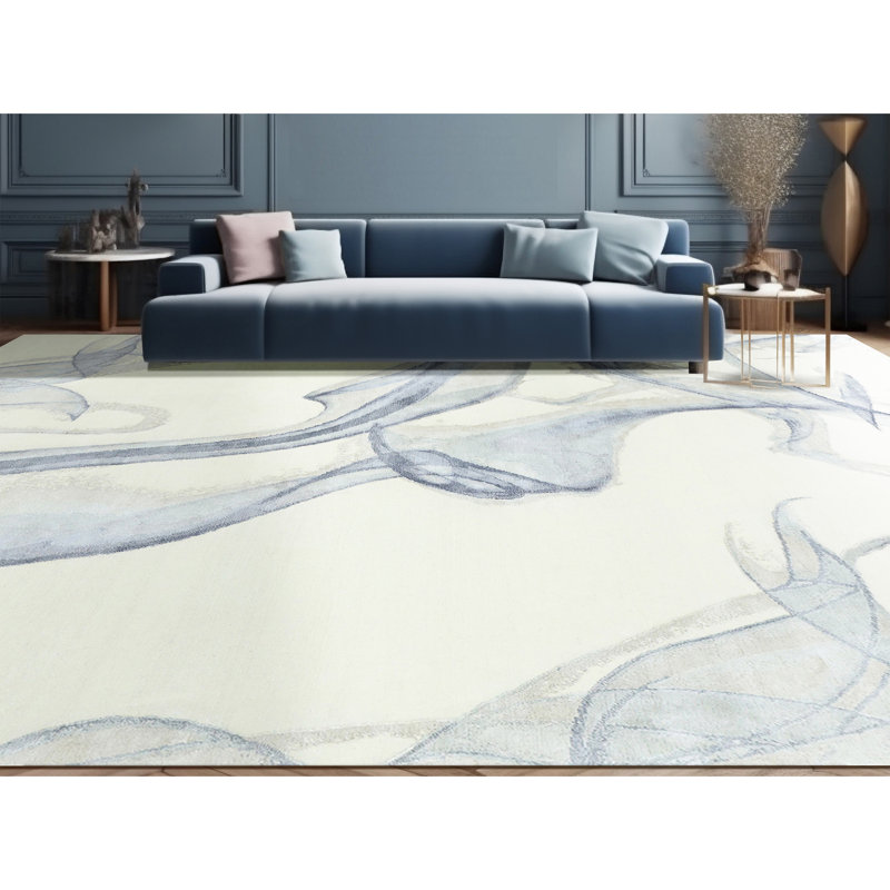 Hand Knotted Abstract Area Rug in White/Silver, Rectangle 8' x 10'