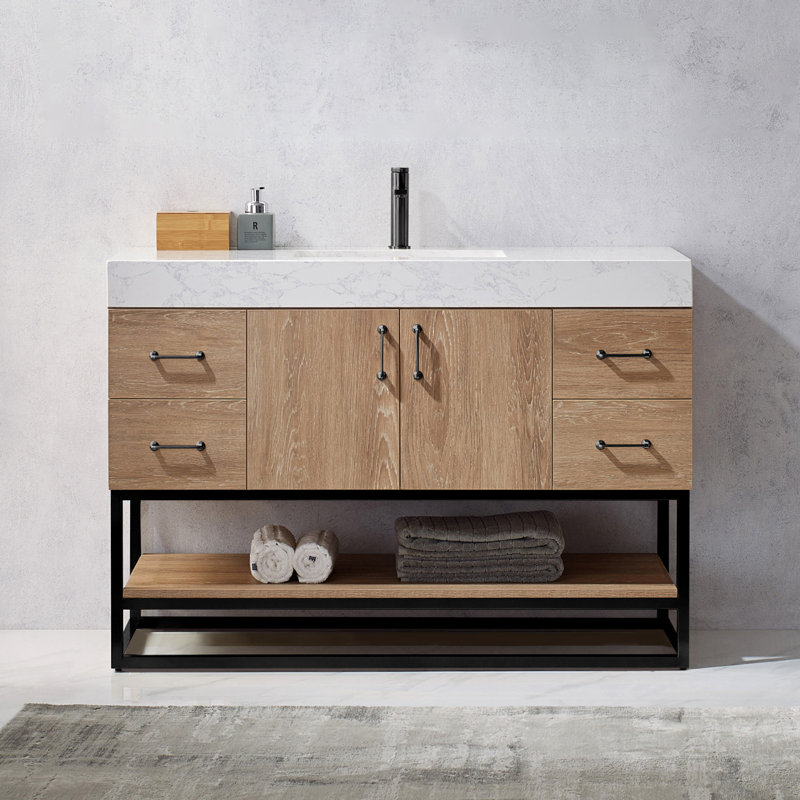Ensemble de meuble-lavabo simple 48 po Alistair, Noir mat, Chêne naturel, Blanc