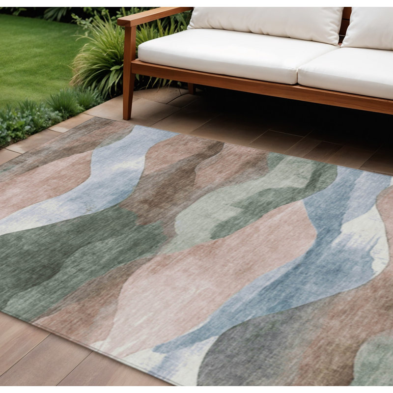 Tapis extérieur lavable abstrait saumon et émeraude 9 pi x 12 pi