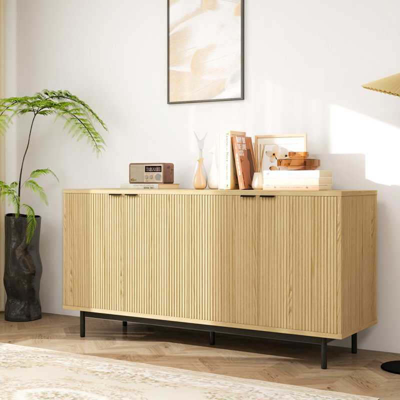 Thay 58'' 4-Door Sideboard Buffet with Storage, Natural Wood/Black