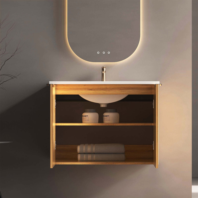 Meuble-lavabo mural avec panneau cannelé tridimensionnel et conception de cuve intégrée