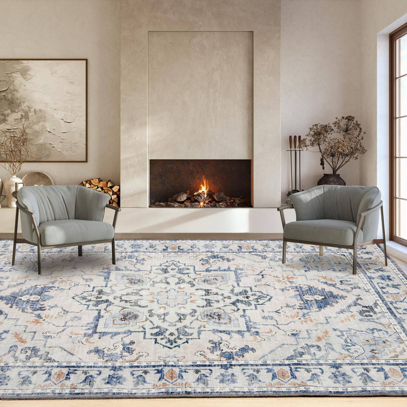 9'x12'  Area Rugs Machine Washable - Ultra Soft Low Pile Faux Wool Carpet with Non-Slip Backing & Vintage Design, Stain Resistant for Living Room, Bedroom, and Dining Room