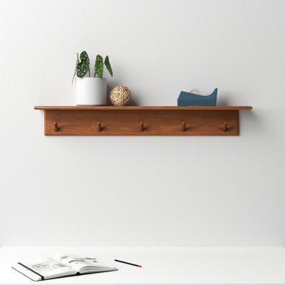 Shea Poplar Solid Wood Floating Shelf with Hooks Finish: Walnut Brown