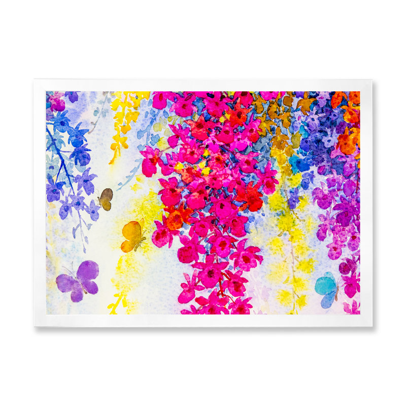 «Colorfull Blooming Flowers Composition VII», reproduction sur toile flottante, H 16 po x l 32 po x P 1 po, Cadre photo blanc
