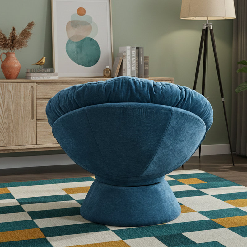 Fauteuil demi-tonneau pivotant surdimensionné de 33 pouces de largeur, fauteuil en chenille moderne avec rotation à 360 °, fauteuil moelleux profond pour le salon et la chambre à coucher, bleu