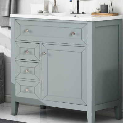 Meuble-lavabo gris en bois massif pour salle de bain avec lavabo en céramique, tiroir de rangement, tablette réglable, fermeture en douceur de 12 po, fonctionnement en douceur en gris, rangement triple encastré, glissières silencieuses, facile à nettoyer